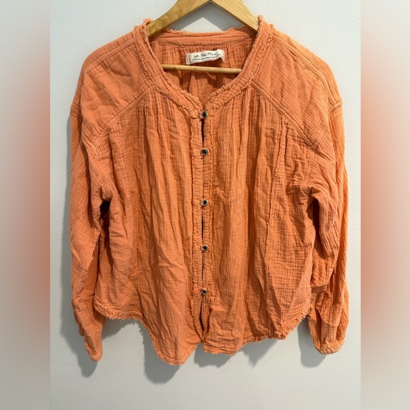 Free People “We the Free” Perpetual Sunset Orange Coral Ling Sleeve Top Sz XS - Picture 3 of 9